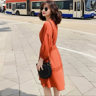 Đầm babydoll cam xếp li eo tay dài (kèm hình thật)