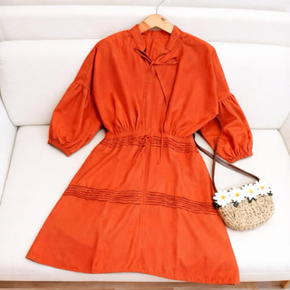 Đầm babydoll cam xếp li eo tay dài (kèm hình thật)