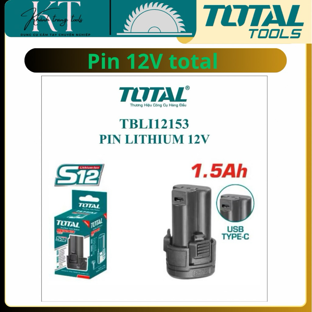 Pin TOTAL TBLI12153 12V 1.5Ah Lithium-Ion – Sạc Type-C, tương thích mọi máy 12V TOTAL