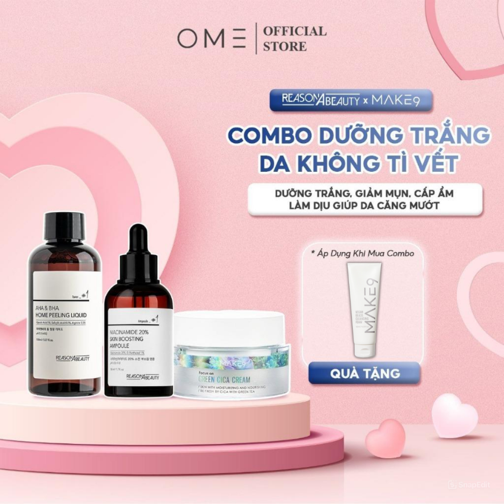 Bộ Combo 3 Sản Phẩm Toner AHA BHA+ Nia 20%+Kem Dưỡng Cica Dưỡng Trắng Giảm Mụn Cấp Ẩm Se Khít Lỗ Chân Lông REASONABEAUTY
