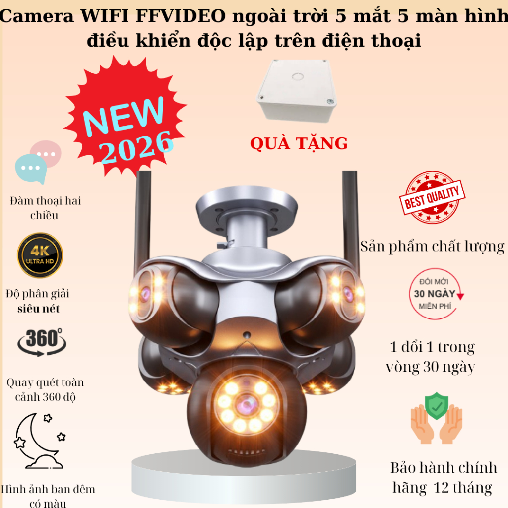 (Lỗi 1 đổi 1)Camera 2026 FFVIDEO WIFI ngoài trời  5 mắt xoay  hiển thị 5 khung hình - Cảnh Báo Chống