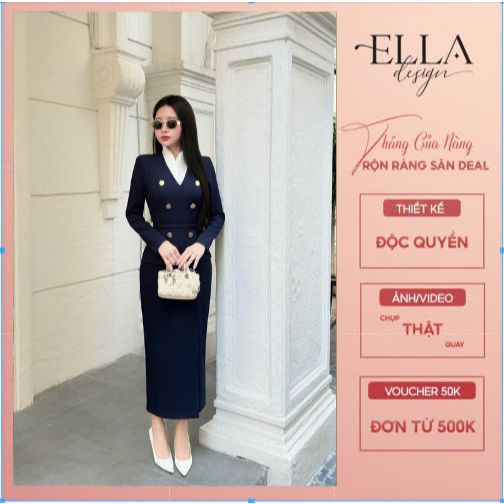 Váy Đầm Liền Thiết Kế Ella Desgin nữ kiểu dáng váy bút chì, dài tay, phối cổ trắng phù hợp mặc đi là