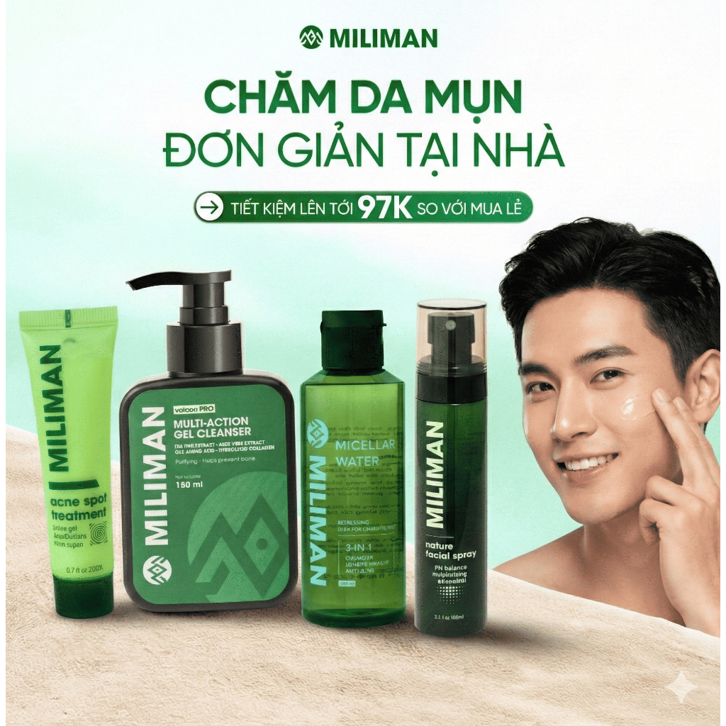 Combo Skincare Da Mụn Cho Nam MILIMAN Gồm Sữa Rửa Mặt Nam MILIMAN, Toner, Gel Mụn, Tẩy Trang