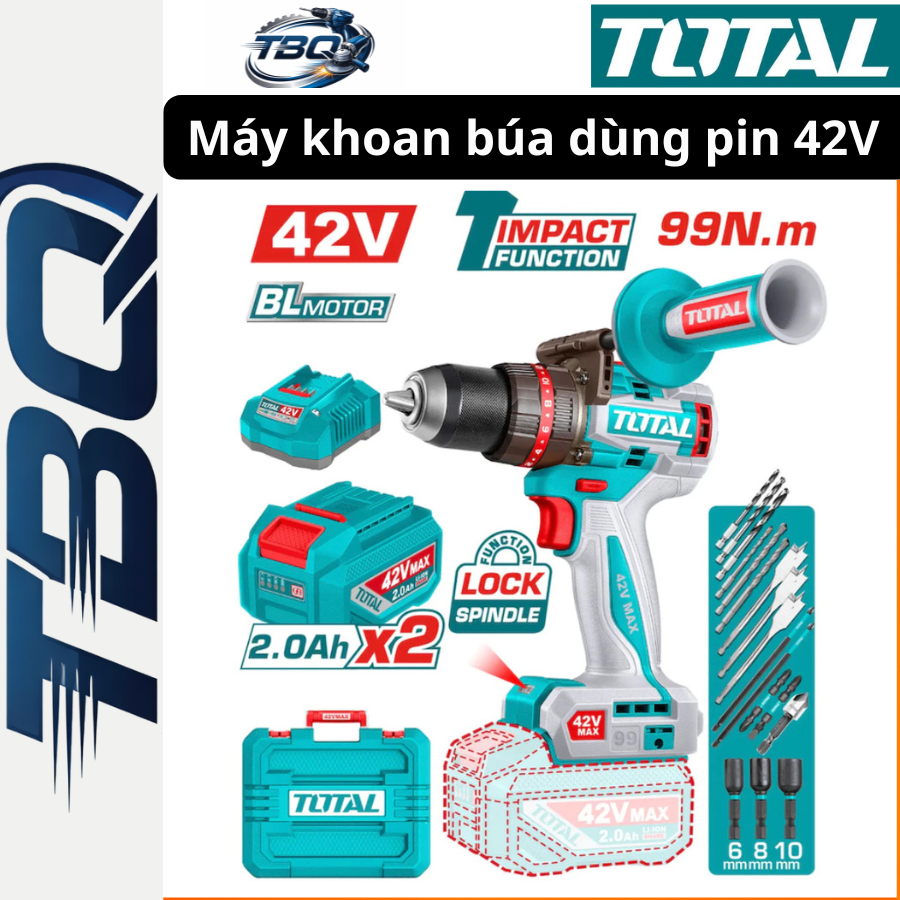 Máy Khoan Búa Dùng Pin Không Chổi Than TOTAL TIDLI429982 42V | 99Nm, 2 Pin 2.0Ah, Khoan Đa Năng