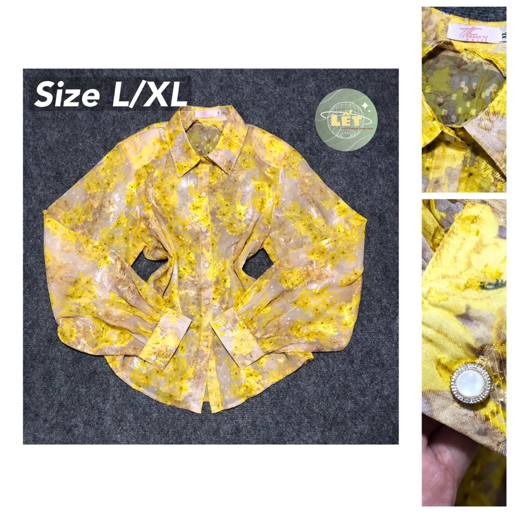 Áo sơ vin voan xuyên thấu bông mai vàng có độn vai form Vintage 90s hiệu THANH TỰ HOUSE [2HAND|hàngs
