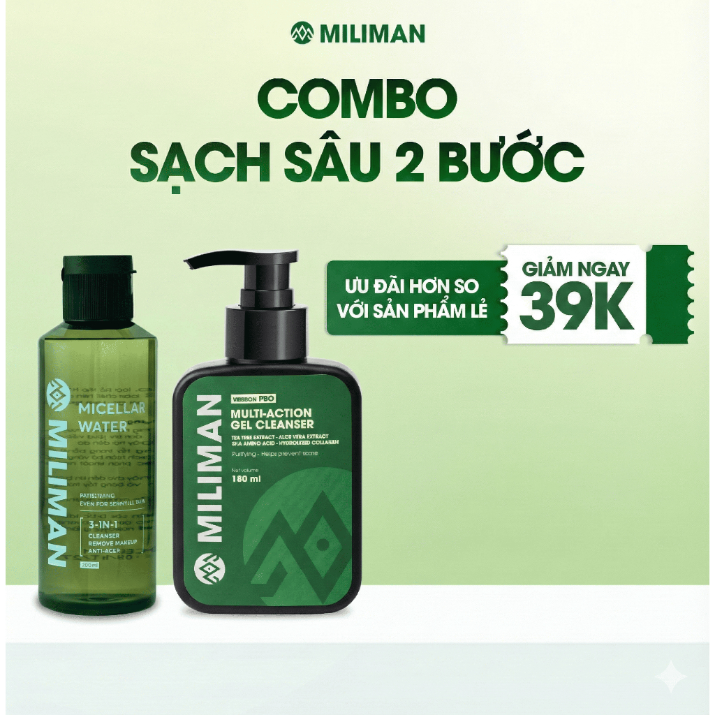 Combo Sạch Sâu MILIMAN Nước Tẩy Trang & Sữa Rửa Mặt Nam MILIMAN 150ml | Double Cleansing Hiệu Quả