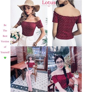 Lotus Áo Trễ Vai Đỏ Rượu Vang Chấm Bi Đẹp, Áo Thun Nữ Form Ôm Body Hở Vai Màu Đỏ Mận Croptop Tay Ngắn , Áo Bẹt Vai Đỏ Đô