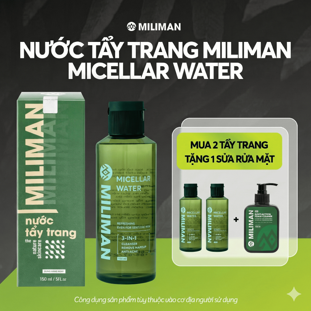 Tẩy Trang Nam MILIMAN 150ML | Công Nghệ Micellar Water, Làm Sạch Bã Nhờn, Hỗ Trợ Ngừa Mụn