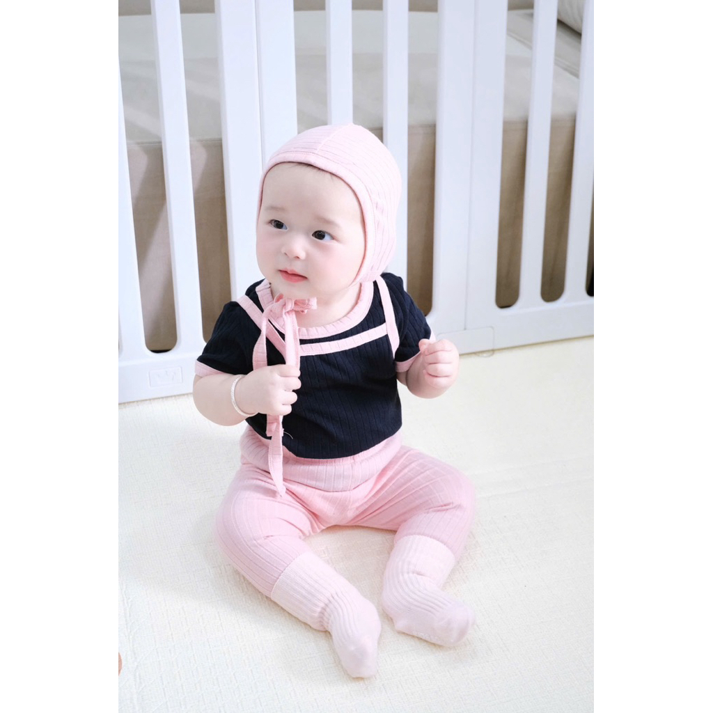Set 4 Món Bé Gái Áo Thun gân Phối Áo Dây Rời Kèm Nón Bonet Cao Cấp - Phong Cách Hàn Quốc
