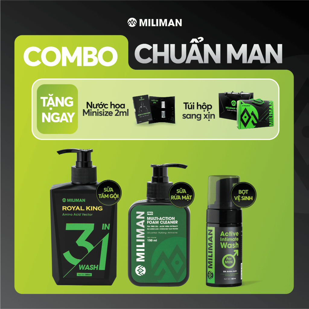 Combo Chuẩn Man MILIMAN | Chăm Sóc Toàn Diện Với Sữa Tắm Gội Lưu Hương, Sữa Rửa Mặt Nam, Bọt Vệ Sinh