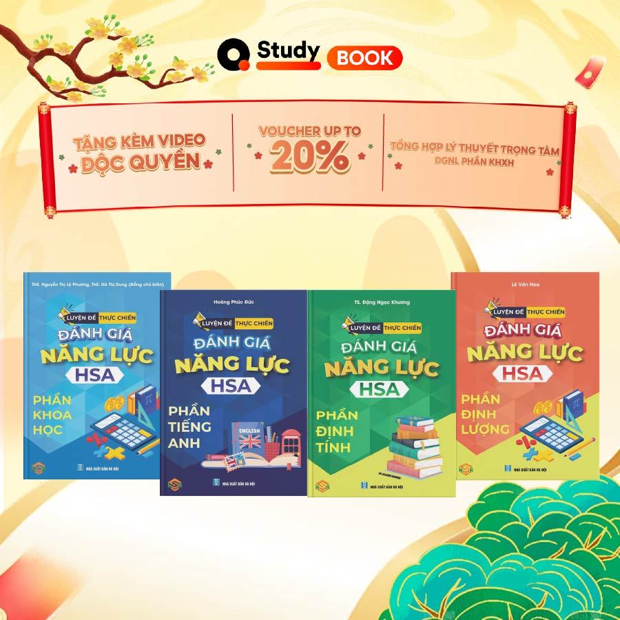 Bộ sách Luyện đề thực chiến Đánh giá năng lực HSA phần khoa học, định tính, định lượng, tiếng Anh QA