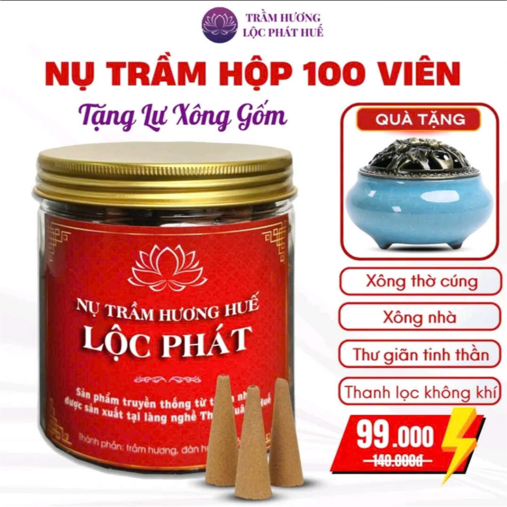 [TẶNG LƯ XÔNG] Hộp 100 Viên Nụ Trầm Hương Thiên Nhiên Lộc Phát, thơm dịu, xông nhà, thanh lọc không khí, khử ẩm mốc