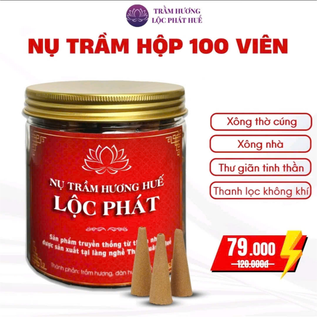 Hộp 100 Viên Nụ Trầm Hương Thiên Nhiên Lộc Phát, thơm dịu, xông nhà, thanh lọc không khí, khử ẩm mốc