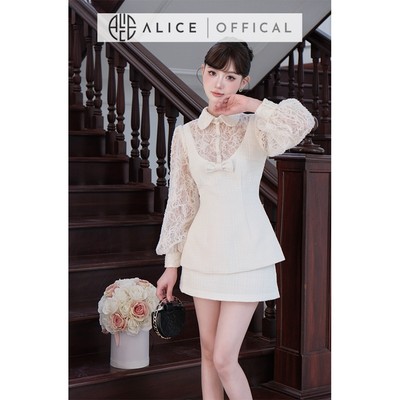 Set Váy Tiểu Thư Cao Cấp Alice Chất Dạ Tweed Phối Ren, Áo Dáng Peplum Cổ Sơ Mi Tay Bồng Phối Chân Váy Ngắn Chữ A S1050
