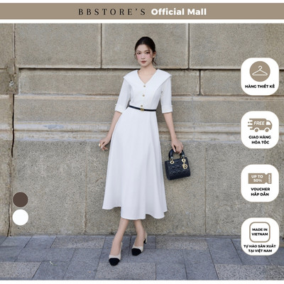 [BBSTORE'S] Đầm Xòe Công Sở Cotton Dài Cổ V Bố Xược Tay Lửng Kết Nút Kiểu - DAA21B