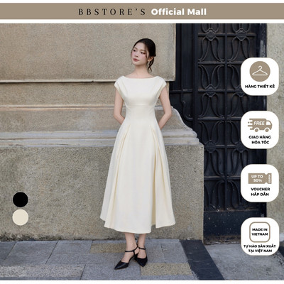 BBSTORE'S Đầm Xòe Công Sở Cotton Dài Xếp Ly Vai Cổ Thuyền Tùng Xếp Ly Đôi - DAA22B
