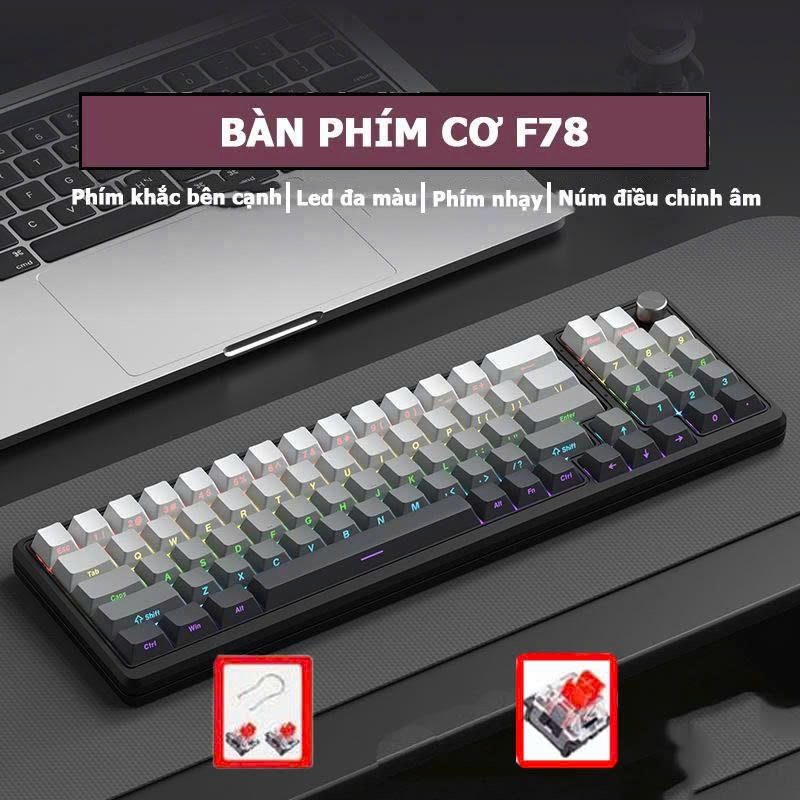 Bàn phím cơ có dây F78 Tiroshi 17 chế độ led có núm xoay thay đổi chế độ led, tăng giảm âm lượng, cường độ ánh led | BigBuy360 - bigbuy360.vn
