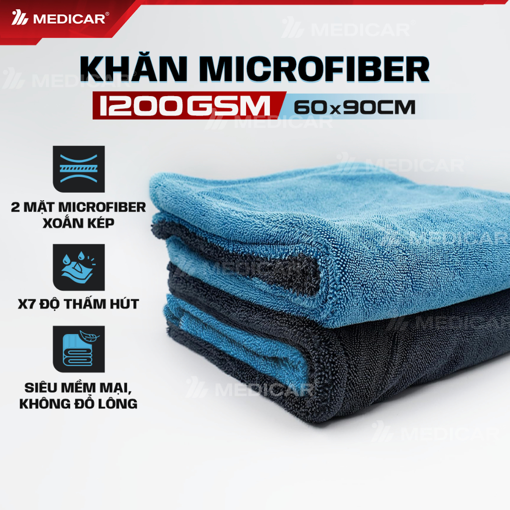 [MICROFIBER] Khăn Lau Xe Ô Tô Cao Cấp Microfiber 1200GSM Medicar – Dày, Mềm, Thấm Hút Mạnh - Kích Thước 60 × 90cm