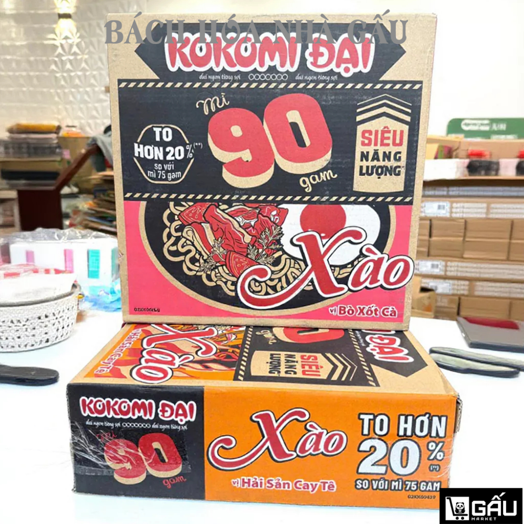 Thùng Mì Kokomi Đại 90 Xào Vị Bò Xốt Cà, Hải Sản Cay Tê (30 gói x 95gr)