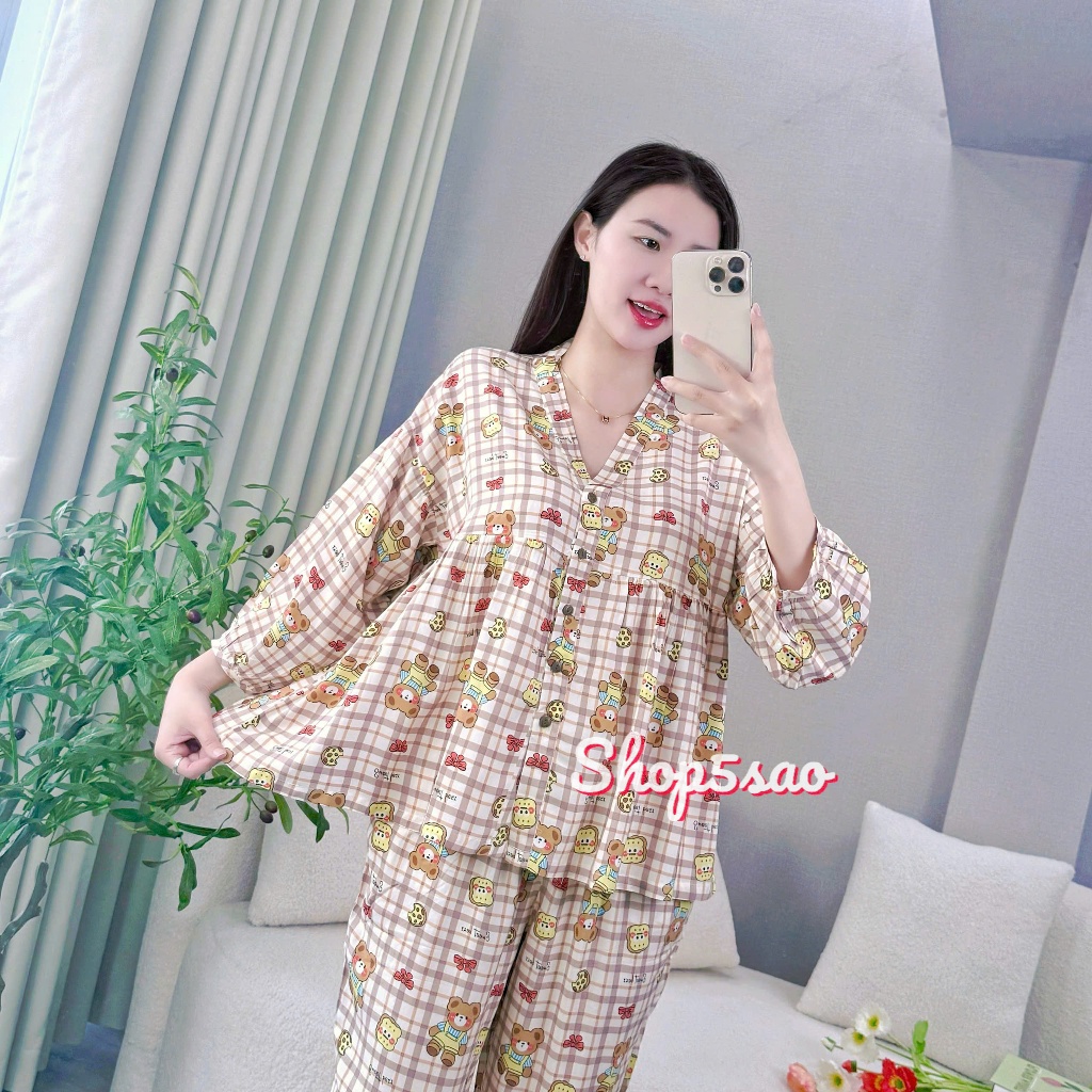 Đồ bộ tole nữ, bộ lanh mặc nhà Pyjama quần dài, áo tay dài babydoll SHOP5SAO (45-67kg)