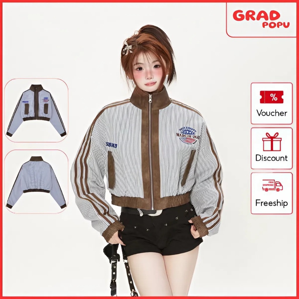 Áo khoác GRADPOPU dáng ngắn kẻ sọc phối nhiều mảng màu, cá tính và thời trang dành cho nữ AK368