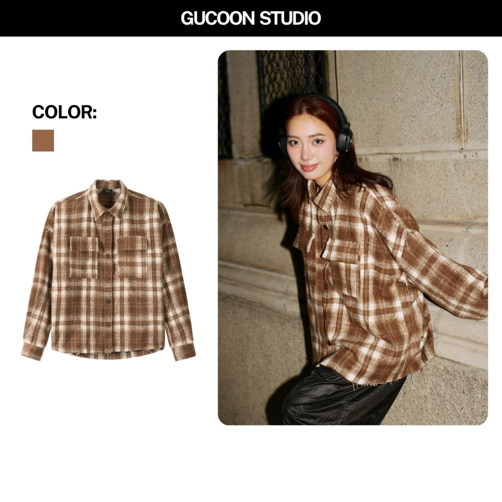 Áo Sơ Mi Flannel GUCOON Unisex, Áo Sơ Mi Nam Nữ Tay Dài Form Rộng Hoạ Tiết Oversize Flannel Nâu Vàng