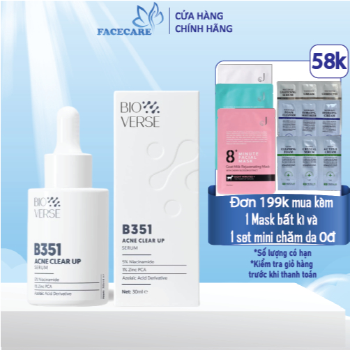 Bioverse Tinh Chất Mụn B351 Niacinamide 5% + Zinc 1% Acne Clear Up Serum 5ml 30ml