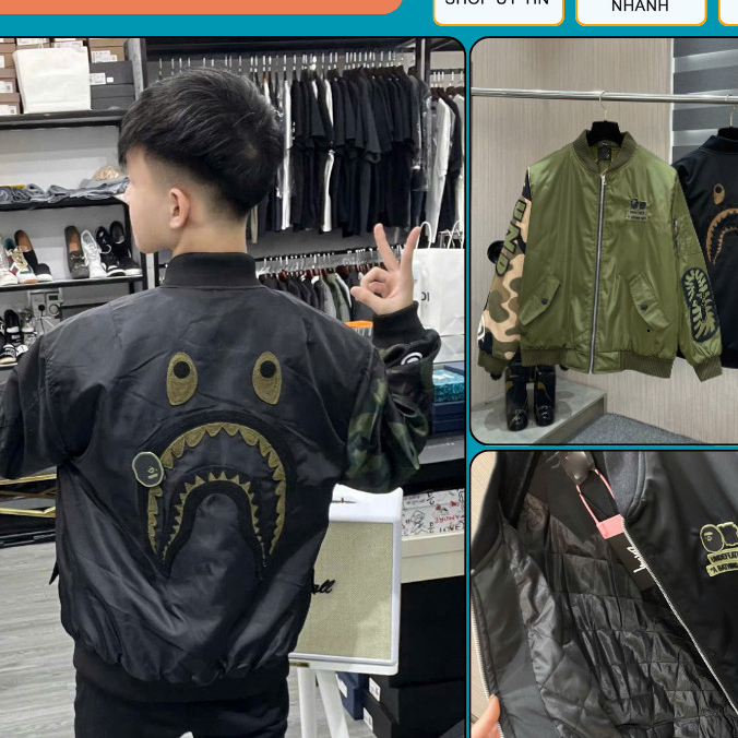 [HOT] Áo Gió Trần Bông Bape Họa Tiết Hàm Cá Mập -Áo Khoác Bape Cá Mập Chính Hãng 2 Lớp