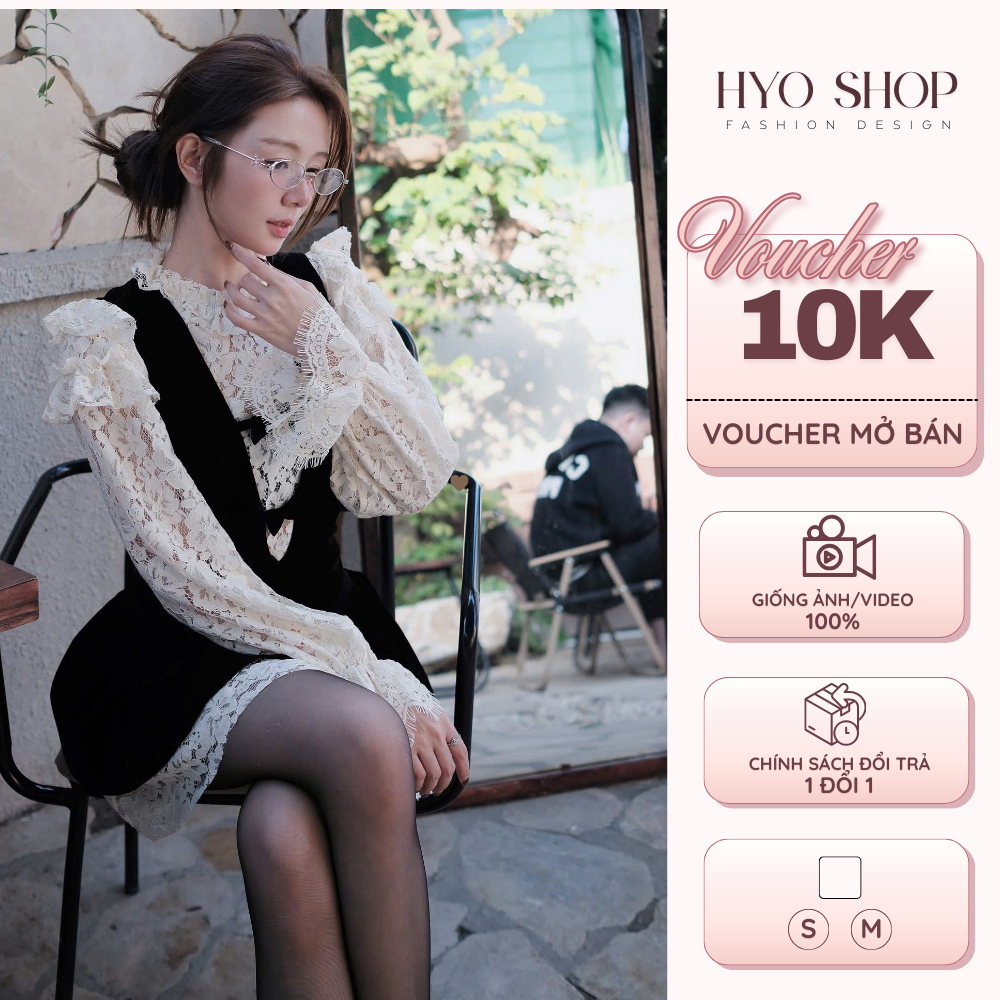 Set bộ nữ váy yếm nhung nơ đen phối áo ren tay dài dáng xoè phong cách tiểu thư - HYO SHOP