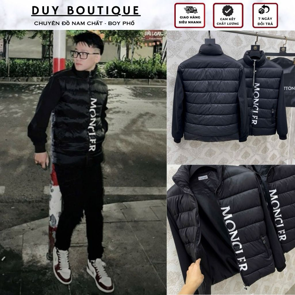 Áo Khoác Nam MON Tay Nhung Phối Chữ Trắng Dọc Khoá Cổ Đứng Cực Đẹp - Áo Khoác Mon CHất Liệu Phao Nhồ