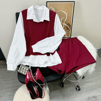 SET Bộ Ghi lê 3 Món Bigsize Nữ Áo Sơ Mi Phối Ghi Lê Rời Kèm Quần Đùi Style Hàn Quốc A863+Q500