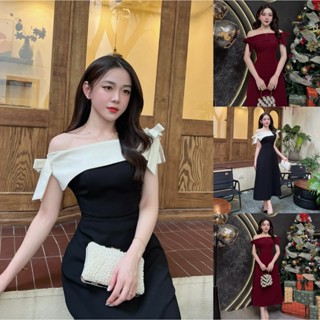 A100 - Váy Thiết Kế Evii  dành cho nữ có Bigsize Đầm Thiết Kế trễ vai phối nơ vai dáng A dài phù hợp đi chơi đi dự tiệc