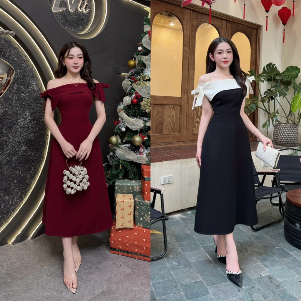 A100 - Đầm Thiết Kế Eviici Váy trễ vai phối nơ dáng A dài phù hợp đi làm đi chơi đi sự kiện