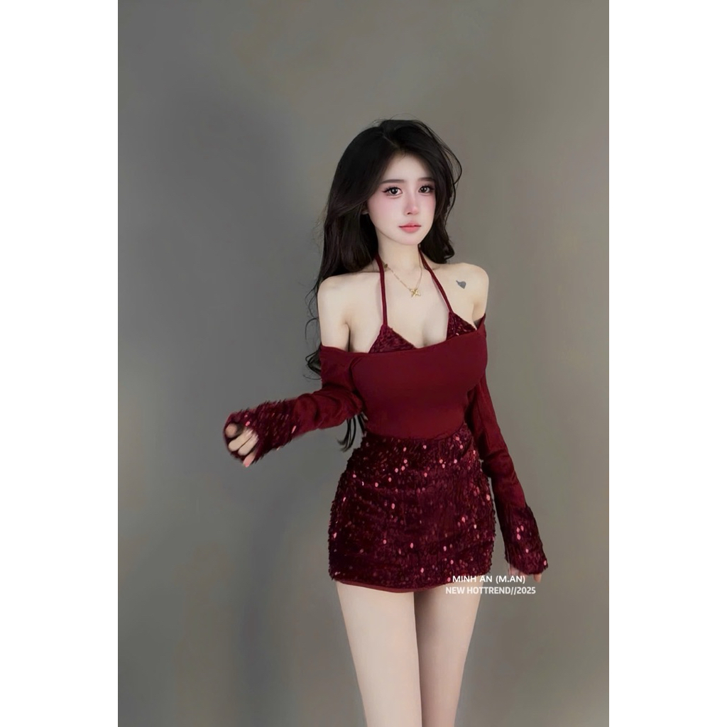 Sét áo thun phối yếm bling kim sa chân váy kim sa bling sang chảnh