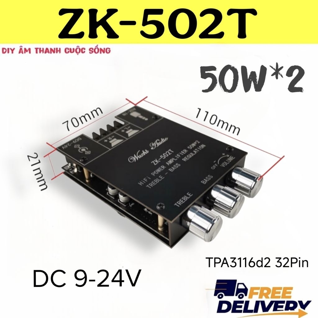 𝗪𝘂𝘇𝗵𝗶 𝗭𝗞-𝟱𝟬𝟮𝗧 + 𝗔𝗣𝗣 Chính Hãng Mạch Khuếch Đại Âm Thanh 2*50W Diy -