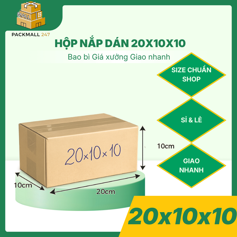 Combo 100 Hộp Giấy 3 Lớp Nắp Dán 20x10x10 Hộp Carton Gói Hàng Tiện Lợi, Bảo Vệ Tối Ưu - Packmall247