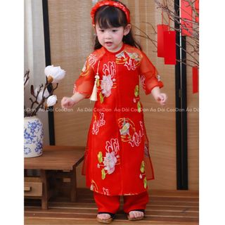 Áo Dài Bé Gái 4 Tà Tơ Sen [BỘ KÈM QUẦN] Cao Cấp, Dáng Suông Hồng, Đỏ Tươi Xinh Xắn Diện Tết (8-45kg) HCM Hỏa Tốc Coodan