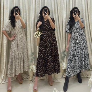 Đầm cổ tròn, tay dún, phối bèo lai, dáng suông Midi _ G3.001