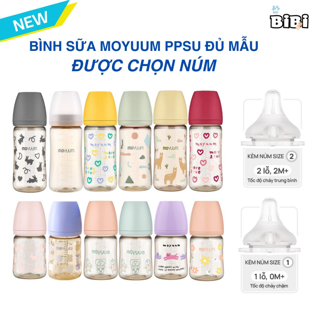 ( Được Chọn Núm ) Bình Sữa Moyuum Hàn Quốc Đủ Mẫu 170ml/270ml - Chất Liệu PPSU Cao Cấp, Núm Ti Mềm