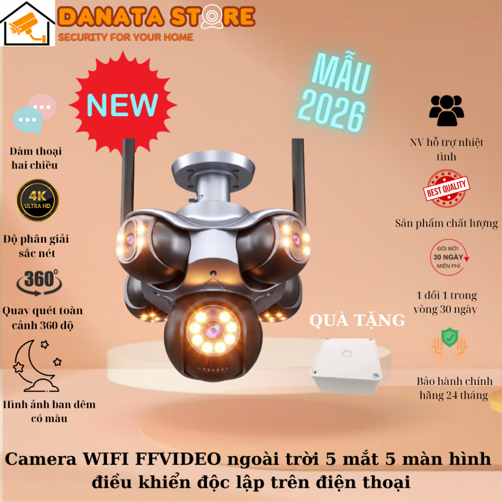 (Lỗi 1 đổi 1) Camera FFVIDEO WIFI ngoài trời 5 mắt xoay được, hiển thị 5 khung hình  - Cảnh Báo Chốn