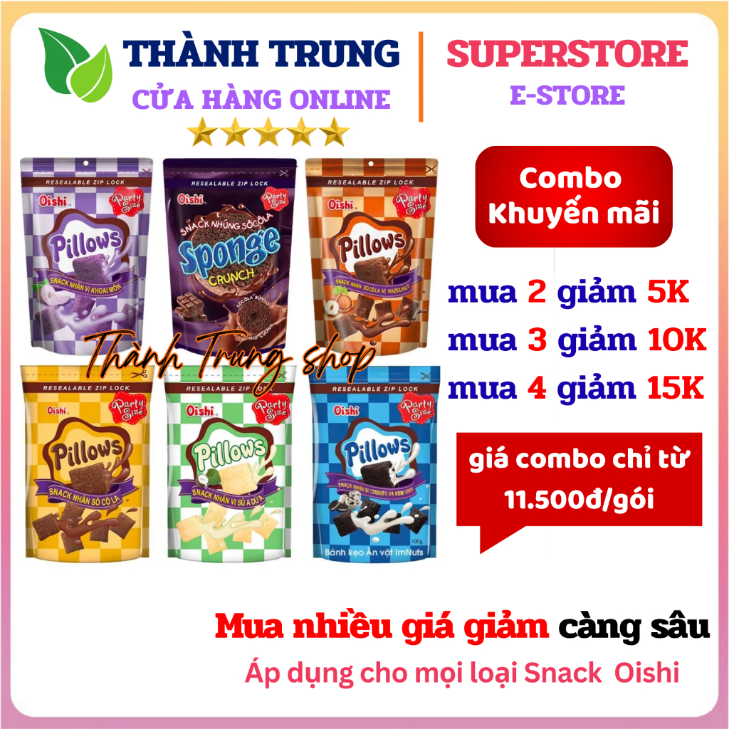 Set 2 gói Snack nhân kem Pillows Oishi đủ vị gói lớn 80g, Bánh gối Pillows Oishi