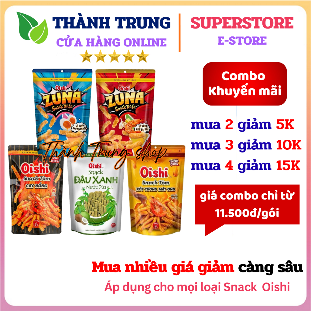 KOL COMBO 6 Snack Oishi Size lớn 65g - Tôm Cay nồng, Tôm sốt mật, Đậu xanh nước cốt dừa, Zuna xoắn
