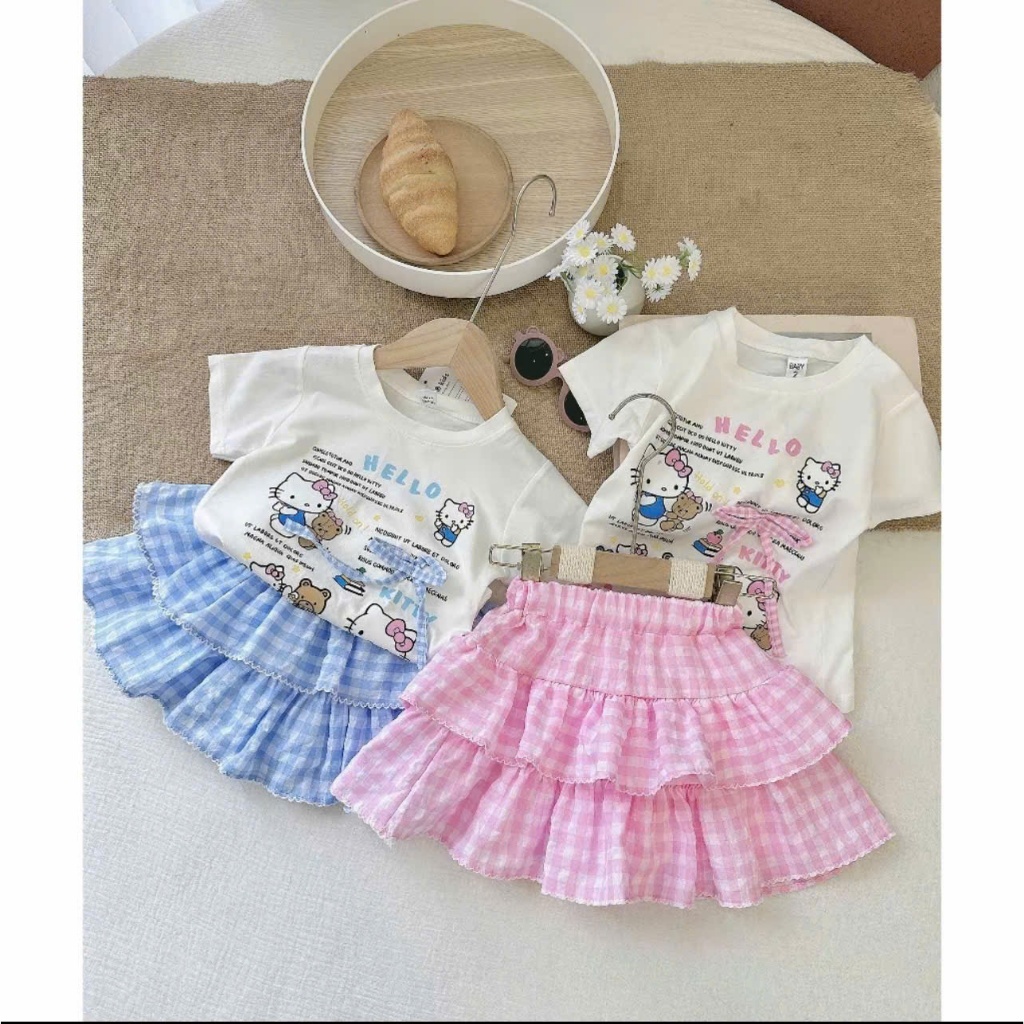 COMBO set váy xòe họa tiết in hello kitty đáng yêu Size 15-36kg bé gái dễ mặc dễ phối mặc đi chơi ( HP váy hello )