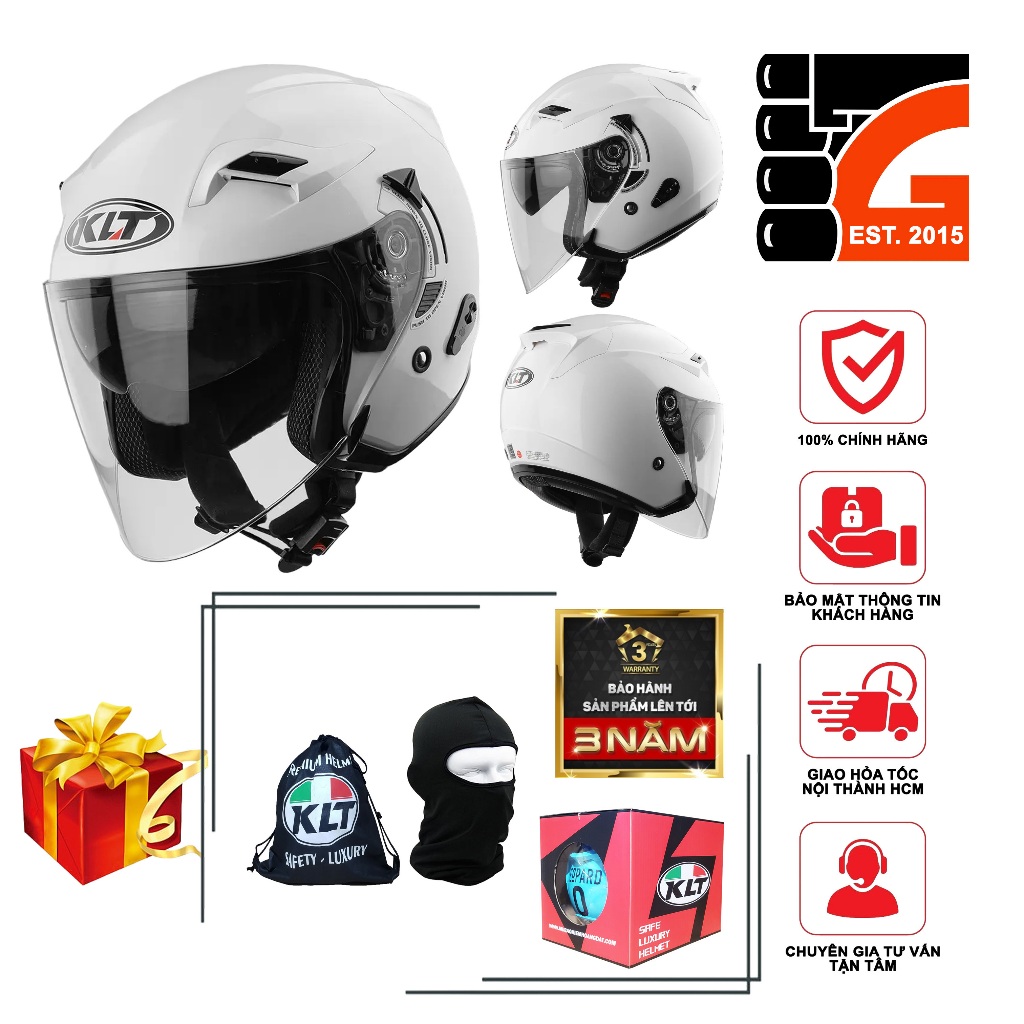 [TẶNGTÚIĐỰNG + KHĂNTRÙM + BH36THÁNG] Mũ bảo hiểm 3/4 2 kính KLT A36 TRẮNG BÓNG