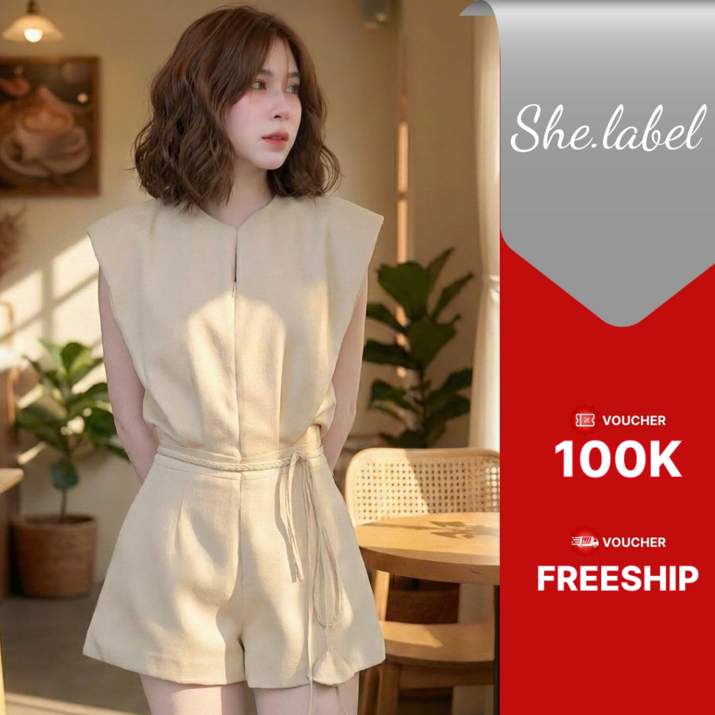 Jumpsuit Liền Thân Cổ Tròn Xẻ Trước Tay Bồng Kèm Đai Eo Thanh Lịch Quyến Rũ – D1322