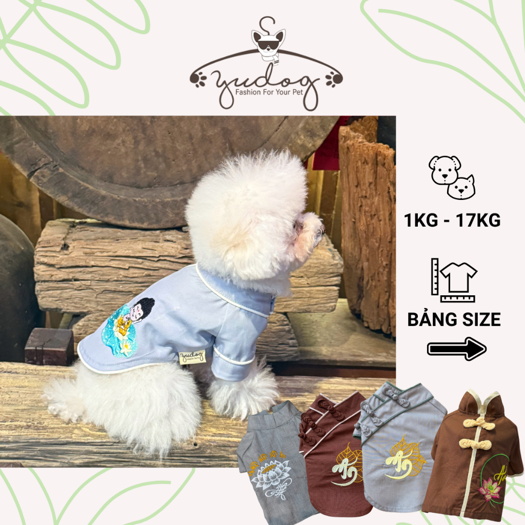 Áo đi chùa cho chó mèo yudog áo lam thêu hoa sen mặc cho chó mèo