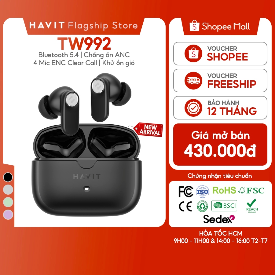 Tai Nghe Không Dây Havit TW992 ANC 4Mic ENC Khử Ồn Gió Bluetooth 5.4 | BigBuy360 - bigbuy360.vn
