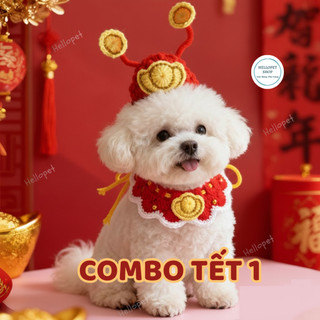 Combo Tết cho chó mèo, Mũ vòng len cho chó mèo, Mũ hình lân tết, Vòng cổ tết cho thú cưng đủ size