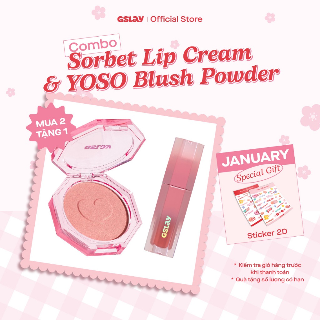 Combo GSLAY YOSO Blush Powder mịn lì lên chuẩn màu (5g) & GSLAY Sorbet Lip Cream mịn lì thuần chay g