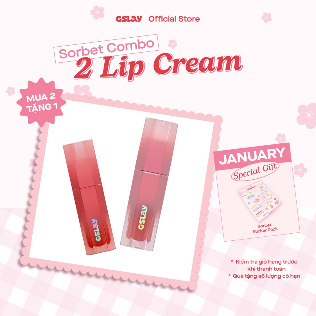 Combo 02 Son Kem GSLAY Sorbet Lip Cream mịn lì thuần chay che phủ rãnh môi giữ màu lâu trôi không kh